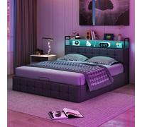 BRILVERDE Cama 160x200 cm con Canapé Abatible Hidráulico, Tapizada en Tela de Lino Gris, LED Integrado y Puertos USB/USB-C, Cabecero con Almacenamiento, Base Elevable con Somier