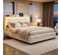 BRILVERDE Cama baúl 140x200 con LED y USB, Cama con Somier de Madera y Cabecero Acolchado, para Adultos y Adolescentes, PU (Blanco, 140 x 200 cm)