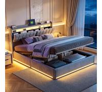 BRILVERDE Cama Canapé 140x200 cm con Somier y LED RGB, Cama Doble con Cabecero Abatible, Compartimentos, USB y USB-C, Bolsillos Laterales, Almacenaje Hidráulico, Gris, Terciopelo