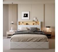 BRILVERDE Cama con espacio de almacenamiento y iluminación LED, cama de matrimonio con espacio de almacenamiento, cabecero hidráulico con somier, PU (blanco + roble claro, 140 x 200 cm)