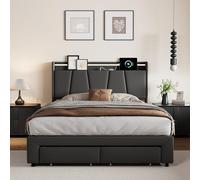 BRILVERDE Cama doble tapizada de 140 x 200 cm con 2 cajones, función de carga USB y cabecero LED, estructura de cama con somier, lino, gris oscuro