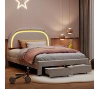 BRILVERDE Cama individual tapizada 140 x 200, cama juvenil con LED y 2 cajones, cama acolchada con somier de láminas de madera, cama con espacio de almacenamiento para adultos, sin colchón