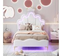 BRILVERDE Cama infantil de 90 x 200 cm con LED y somier, corona de princesas con cabecero de altura ajustable, cama tapizada para niñas, de poliuretano, color blanco (blanco)