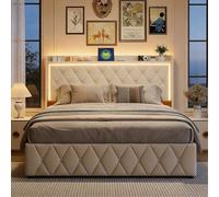 BRILVERDE Cama Tapizada 140x190 con Almacenaje, Cama matrimonial con Toma USB y luz LED, Cabecero Acolchado y Base de Láminas, Terciopelo (Beige, 140 x 190 cm)