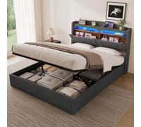 BRILVERDE Cama Tapizada 140x200 con Almacenaje, Cama matrimonial con USB y luz LED, Cama baúl con Cabecero Acolchado y Base de Láminas, Lino (Gris, 140 x 200 cm)