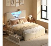 BRILVERDE Cama tapizada de 140 x 190 cm con espacio de almacenamiento, cama doble con LED, cama juvenil con 4 cajones, estructura de cama con cabecero y somier, para adultos, terciopelo (beis, 140 x