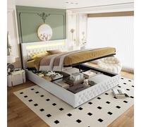 BRILVERDE Cama tapizada de 140 x 200 cm, cama doble con LED, sistema de almacenamiento hidráulico, cama funcional con somier y espacio de almacenamiento, moderno, sin colchón, PU, blanco (140 x 200cm)
