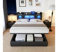 BRILVERDE Cama tapizada de 140 x 200 cm con espacio de almacenamiento, cama doble con LED y USB, cama juvenil con cabecero, cama de almacenamiento hidráulico, estructura de cama con somier, cama