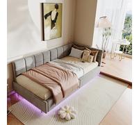 BRILVERDE Cama tapizada de 90 x 200 cm, cama individual con espacio de almacenamiento hidráulico, cama de día con luz LED, con al final de la cama, tela de terciopelo, sin colchón (gris)