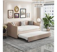 BRILVERDE Cama tapizada de 90 x 200 cm, sofá cama extensible, sofá plegable con somier, sofá cama con función de dormir, cama juvenil, cama de invitados, lino, beige (sin colchón)