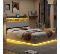 BRILVERDE Cama tapizada para cama doble de 160 x 200 cm, cabecero LED con espacio de almacenamiento y función de carga USB, cama de almacenamiento con somier, terciopelo, color blanco