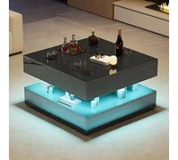BRILVERDE Mesa de centro de alto brillo, mesa de salón con LED y 2 cajones, moderna mesa de sofá con espacio de almacenamiento oculto, mesa auxiliar con estante (negro, 78 x 78 x 43 cm)