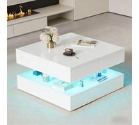BRILVERDE Mesa de centro de alto brillo, mesa de salón con LED y 2 cajones, moderna mesa de sofá con espacio de almacenamiento oculto, mesa auxiliar con estante (blanco, 78 x 78 x 43 cm)