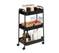 BRINDEK Carrito Auxiliar metálico Negro con 3 estantes y Ruedas giratorias con Freno | Carro Organizador Multiusos con Ganchos Laterales | Estilo Industrial Moderno | 75x41x30,5 cm