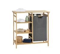 BRINDEK Mueble auxiliar de bambú con cesto para ropa y estantería lateral de 3 compartimentos | Centro de colada 80x34x81 cm | Cesta extraíble gris antracita | Ideal para baño, lavandería o dormitorio