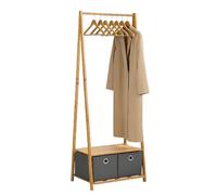BRINDEK Perchero de bambú con balda inferior y 2 cajones de tela | Galán burro ropa 160x60x43,5 cm con barra para colgar y almacenaje integrado | Diseño moderno y resistente | Montaje fácil