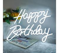 BringLuck2U Placa de neón con texto "Happy Birthday" con luz LED alimentada por USB, con interruptor regulable para todas las decoraciones de pared (blanco)