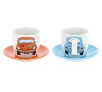BRISA VW Collection - Escarabajo Set 2 Tazas Espresso Cerámica | Volkswagen Servicio de Café, Apto para Lavavajillas, 2 Tazas y 2 Platos, 100 ml, Naranja/Azul
