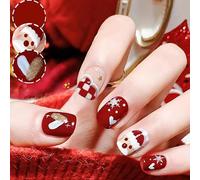 Brishow Uñas postizas de Navidad, uñas postizas a presión para árbol de Navidad, uñas postizas cortas rojas de cuerno, 24 piezas para mujeres y niñas (c)