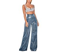 Briskorry Pantalones de lentejuelas con purpurina para mujer, pantalones brillantes con gancho y lazo