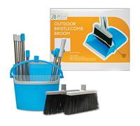 BristleComb escoba y recogedor para exteriores vertical, escoba plegable de 64 pulgadas de largo y recogedor de polvo con mango largo, peine de autolimpieza y 2 cabezales intercambiables de