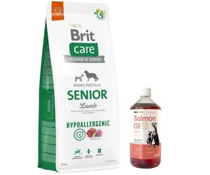 BRIT CARE Cordero Senior Hipoalergénico 12kg & LAB V Olio di Salmone per cani e gatti 1000ml