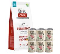 BRIT CARE Grain-free Sensitive Venado 12kg & WILD FARM Paté de cordero 6x400g alimento sin gluten para perros