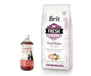 Brit Fresh Pollo y Patata Puppy Healthy Growth 12kg & LAB V Olio di Salmone per cani e gatti 1000ml