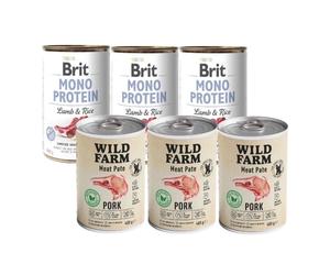 Brit Mono Protein con Cordero y Arroz 3x400g & WILD FARM Paté de Cerdo 3x400g alimento sin gluten para perros