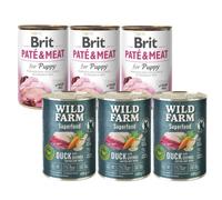Brit Pate & Meat Puppy Pollo & Pavo 3x400g & WILD FARM Superfood Duck 3x400g alimento para perros sin cereales