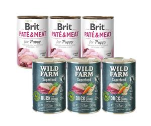 Brit Pate & Meat Puppy Pollo & Pavo 3x400g & WILD FARM Superfood Duck 3x400g alimento para perros sin cereales