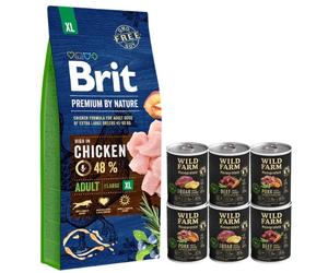 Brit Premium By Nature Adulto XL con Pollo 15kg & WILD FARM Monoprotein Mix Flavors 6x400g alimento hipoalergénico para perros