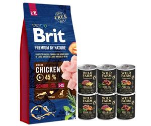 Brit Premium By Nature Senior L+XL con Pollo 15kg & WILD FARM Monoprotein Mix Flavors 6x400g alimento hipoalergénico para perros