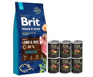 Brit Premium By Nature Sensitive con Cordero y Arroz 15kg & WILD FARM Monoprotein Mix Flavors 6x400g alimento hipoalergénico para perros