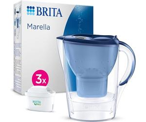 BRITA Jarra filtradora de agua MAXTRA Marella, 3x filtro Pure Performance | Azul (2.4L) jarra apta para puerta de frigo con pantalla digital y tapa abatible, reduce PFAS, cloro, cal e impurezas