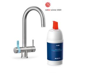 BRITA mypure P1, grifo de 3 vías, acero inoxidable, curvo