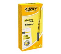 BIC Highlighter Grip, Subrayadores Fluorescentes con la Tecnología Antisecado, Óptimo para Uso Escolar y de Oficina, Amarillo, Paquete de 12