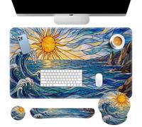 Britimes Blue Ocean Coastal - Juego de alfombrilla para mouse con diseño abstracto de amanecer 4 en 1, reposamuñecas para teclado, reposamuñecas para mouse, posavasos, diseño ergonómico para