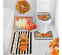 Britimes Happy Fall - Juego de 3 tapetes de baño de 3 piezas para baño, diseño de hojas de arce otoñales, rayas blancas y negras, antideslizante, lavable, decoración para cocina y baño