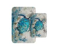 Britimes Juego de 2 alfombras de baño, alfombras de baño antideslizantes, diseño de tortuga marina, color verde azulado, decoración de baño, alfombras de 16 x 24 y 20 x 32 pulgadas para cocina,
