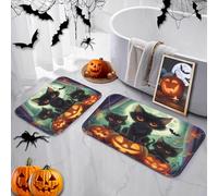 Britimes Juego de 2 tapetes de baño con diseño de gato de Halloween, calabaza, luna, malvado, antideslizante, decoración de baño, alfombras de 16 x 24 y 20 x 32 pulgadas para cocina, dormitorio e