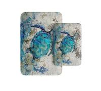 Britimes Juego de 2 tapetes de baño de tortuga azul, diseño de estrella de mar náutica oceánica, cubierta lavable, tapete de baño, decoración de baño, 16 x 24 y 20 x 32 pulgadas