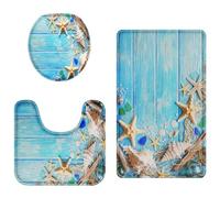 Britimes Juego de 3 alfombras de baño para baño, serie de playa, conchas azules sin seda, fundas lavables para cocina, baño, dormitorio..