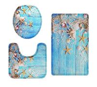 Britimes Juego de 3 alfombras de baño para baño, serie de playa, conchas azules sin seda, fundas lavables para cocina, baño, dormitorio..