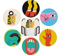 Britimes Juego de 6 Posavasos de Mesa para Bebidas, Lindo y Divertido diseño de música Vintage, Retro, geométrico, café, tapete Redondo de Piedra de cerámica, con Base de Corcho y Soporte de Metal