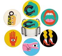 Britimes Juego de 6 Posavasos de Mesa para Bebidas, Lindo y Divertido diseño de música Vintage, Retro, geométrico, café, tapete Redondo de Piedra de cerámica, con Base de Corcho y Soporte de Metal