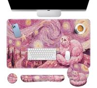 Britimes Juego de alfombrilla de ratón con diseño de gato rosa y luna, diseño estético 4 en 1, alfombrilla grande para mouse + reposamuñecas para teclado + posavasos diseño ergonómico para computadora