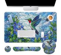 Britimes Juego de alfombrilla para mouse con diseño botánico de colibrí floral, azul naturaleza, 4 en 1, reposamuñecas para teclado, reposamuñecas para mouse, posavasos, diseño ergonómico para