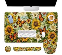 Britimes Juego de alfombrilla para mouse con diseño floral vintage 4 en 1 grande + reposamuñecas para teclado + reposamuñecas para mouse + posavasos diseño ergonómico para computadora de oficina en
