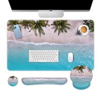 Britimes Juego de alfombrilla para mouse y teclado azul turquesa océano, alfombrilla de escritorio para playa, verano, 4 en 1, reposamuñecas para teclado, reposamuñecas para mouse, posavasos, diseño